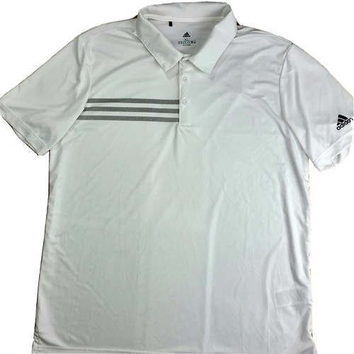 Adidas Polyester white with stripe short sleeve polo men shirt Sz XL RN#88387 - 第 1/10 張圖片