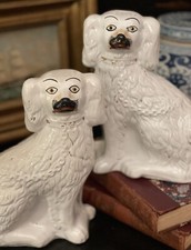Rare 19C White English Staffordshire Spaniel Royal Hunt Mantle Dog Pair 8.5