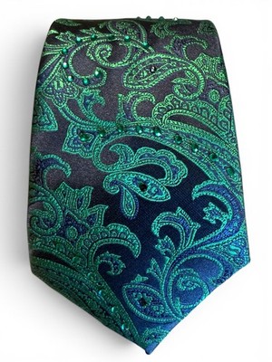 Dark teal green and navy paisley bling tie