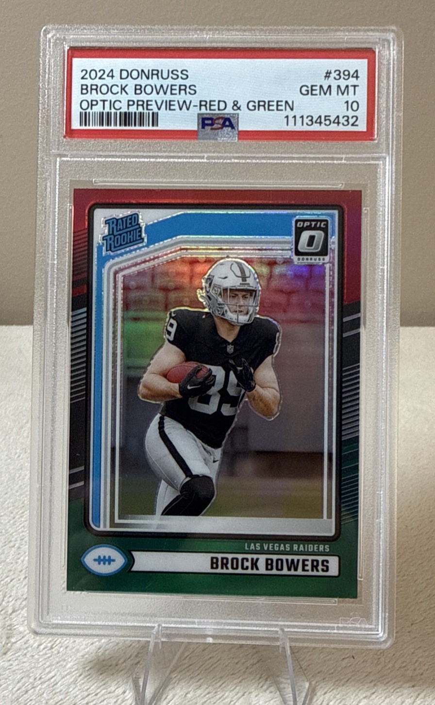 2024 Panini Donruss Rated Rookie Brock Bowers Optic Preview Red & Green PSA 10