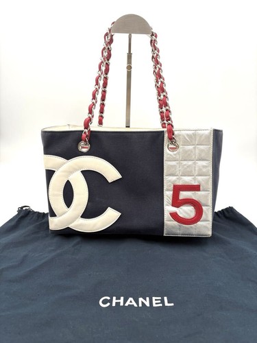CHANEL Chocolate Bar No.5 Leather Canvas Chain Shoulder Tote Navy