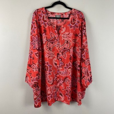 Catherines Breezeway Georgette Blouse 5X Red Paisley Button Up 3/4 Sleeves