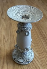English Cottage Poly Base Candle Holder Antique White Leaves Crackling #865062