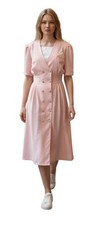 Womens Vintage Spring Easter Church DRESS Pink Button Front Wide Shoulder NWT 12