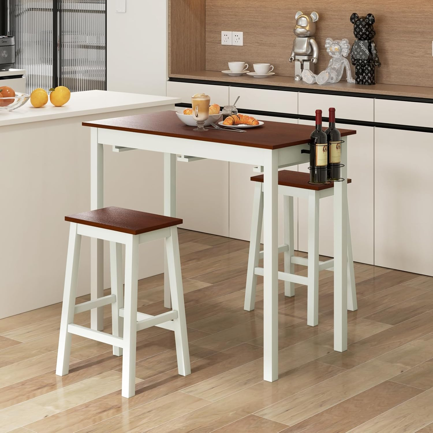 Bar Table Set 2 Stools Wine Holders Space Saving Cream White Walnut
