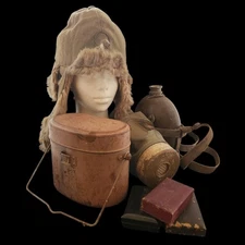 Japanese Imperial Army Flight cap Fur hat 3-Medals Gas mask Water bottle etc WW2