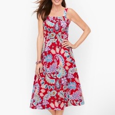 Talbots Midi Flare Square Neck Cotton Dress Fantastic Paisley Red Pepper 10