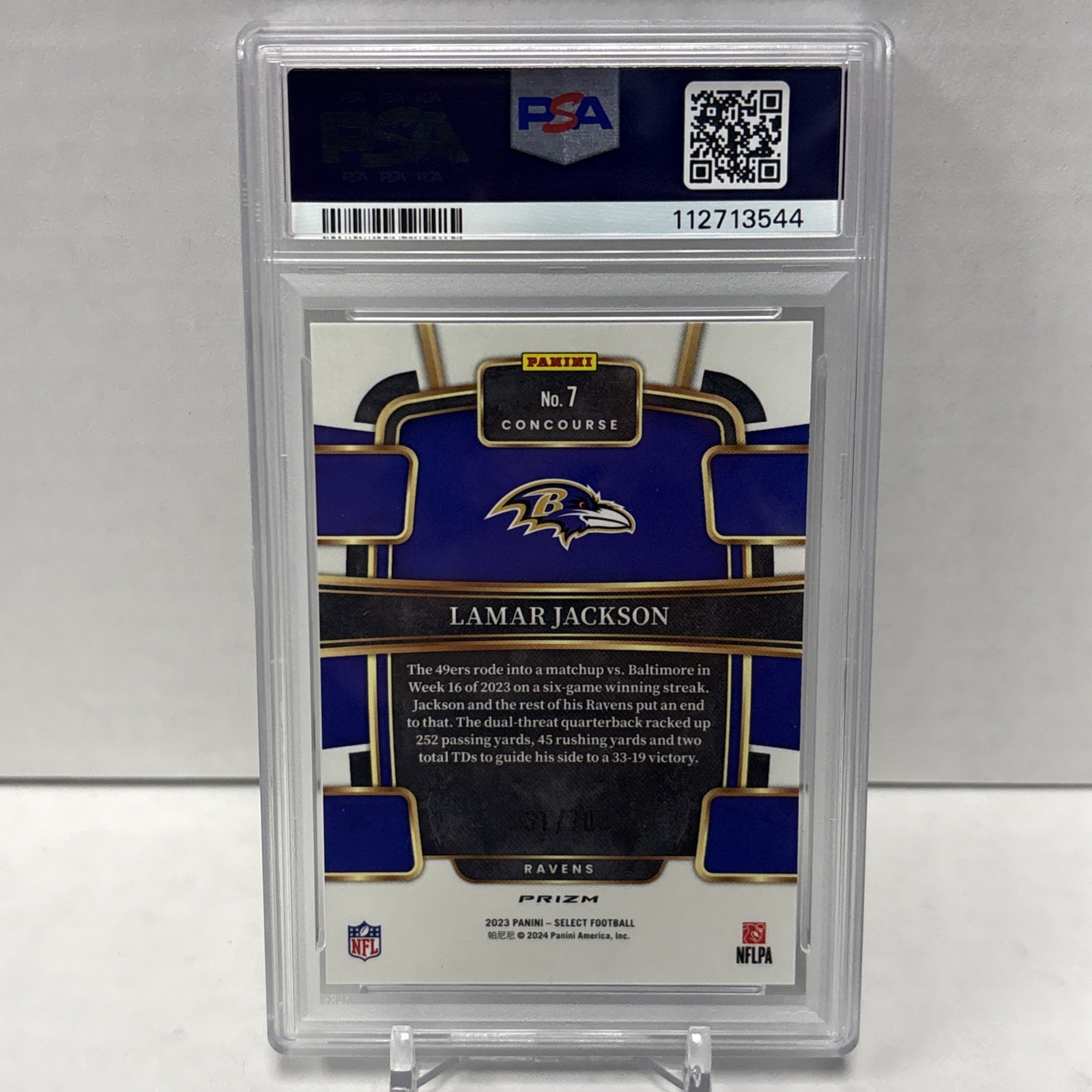 2023 SELECT LAMAR JACKSON #7 DRAGON SCALE PRIZM /70 SSP - PSA 10 view 2