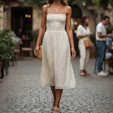 NWT Reformation Sable Riso Floral Ivory/Cream/Beige Smocked Midi Dress, size M