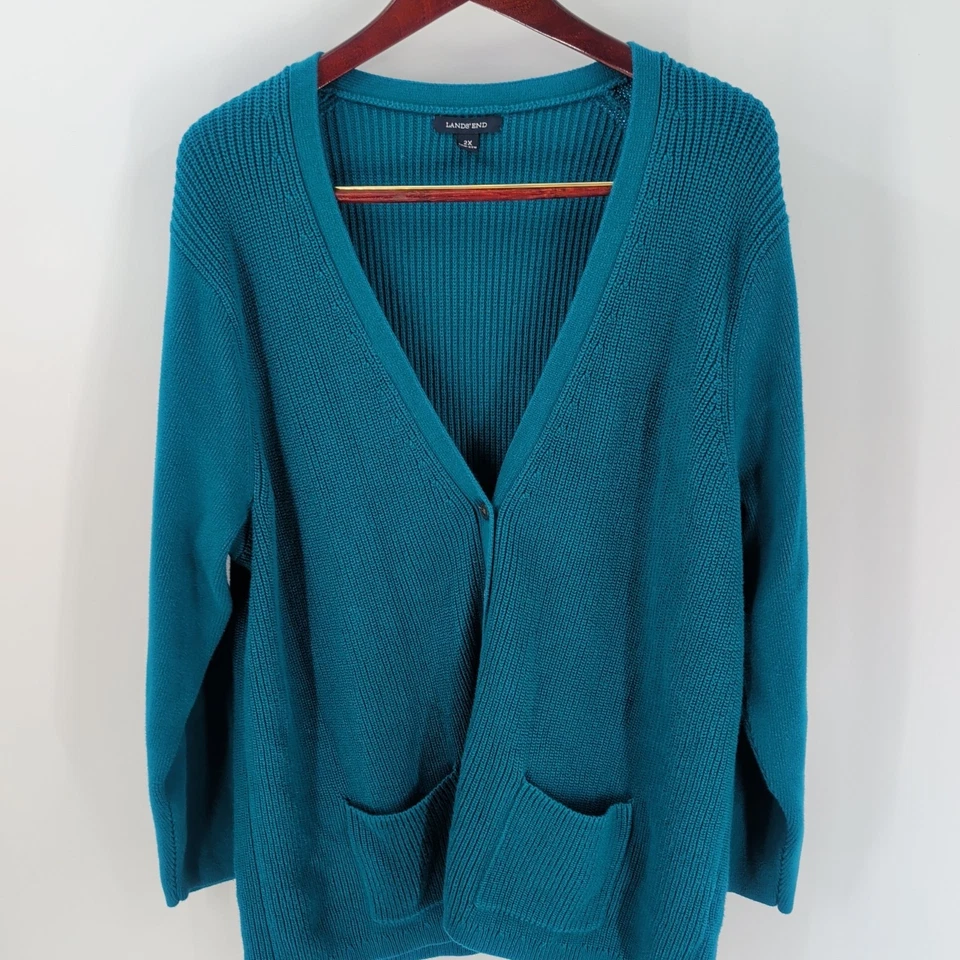 Cárdigan suéter verde azulado Lands' End tejido ajustado con botones bolsillos delanteros talla 2X Foto 3 de 4