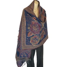 Yak/Sheep Wool Blend Stitched Embroidery Shawl Handcrafted Nepal  Blue  Mauve