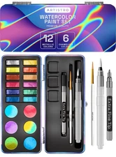ARTISTRO Metallic Watercolor Paints Set of 18, Palette set Including 12 Metallic