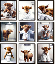 Funny Bathroom Cow Posters Wall Art Set of 9, Highland Cow Canvas Prints Pict...