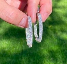 2 Ct Round Cut White Moissanite Hoop Huggie Earrings 14K White Gold Plated