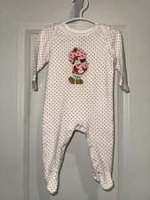 STRAWBERRY SHORTCAKE  CUSTARD 9M BABY SLEEPER ROMPER WHITE WITH POLKA DOTS GUC