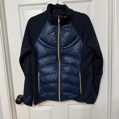London Fog Puffer Jacket Down Sweater Navy Full Gold Zipper Womens medium