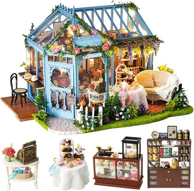 Puppenhaus Miniatur Holz mit Möbeln, DIY Kit Rose Garden Tea House 1:24 - Bild 1 von 4