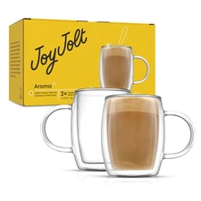 Set of 2 Joy Jolt Aroma Double Wall Clear Glass Coffee Mugs 13.5 oz/400 ml NIB