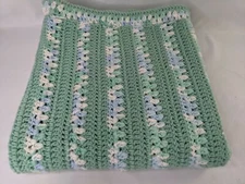 Crocheted Throw Lap Blanket About 29 x 55 Inch Green Blue White