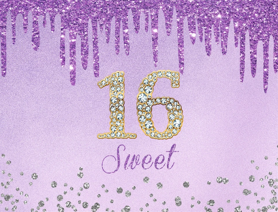 10x8ft Sweet Purple Girl Happy 16th Birthday Vinyl Backdrop Photo Background - Image 4 of 4