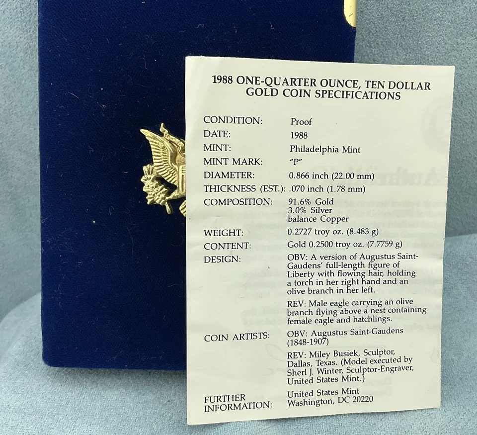 1988-P Proof Gold 1/4oz American Eagle $10 Gold Coin with COA - limited mintages - Image 2 of 4