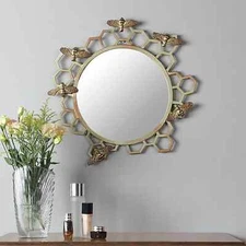 Aluminum Glass Home Decor Honeycomb And Bee Wall Mirror 21.5 Inches Height