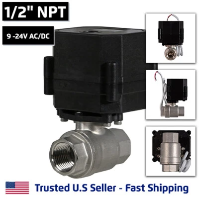 ATLANTIC VALVES 1/2" Stainless Steel Motorized Electric Ball Valve 9V 12V-24 Volt AC/DC, 2 Wire