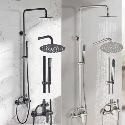 Bathroom Shower Faucet System Outdoor 8'' Round Rainfall Head Combo W/Hand Shower