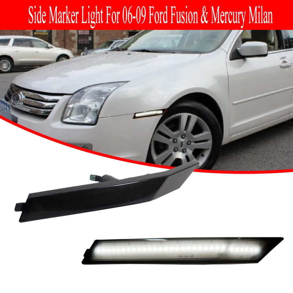 Fits 06-09 Ford Fusion Milan Smoke Driver Passenger White LED Side Marker Lights - Image 2 of 4