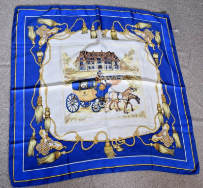 ANDRE CLAUDE CANOVA VINTAGE SEIDENTUCH POSTKUTSCHE DESIGN 85 x 87 cm FRANKREICH - SELTEN