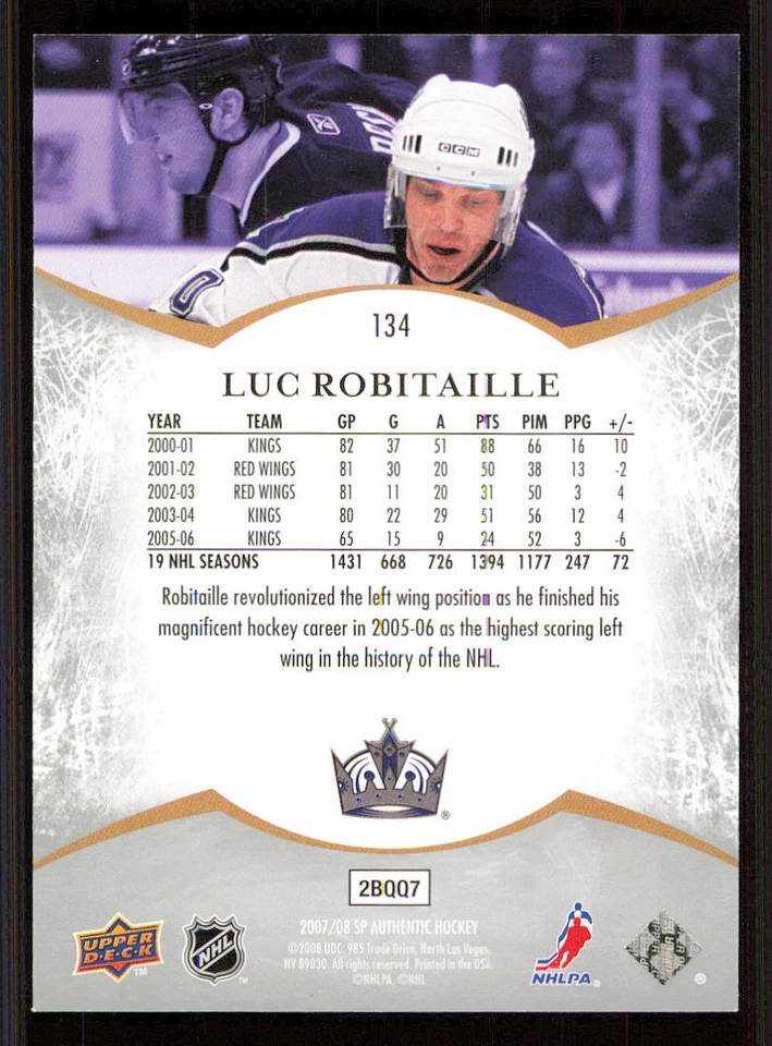 2007-08 SP Authentic #134 Luc Robitaille NOT /1999 - Image 2 of 2