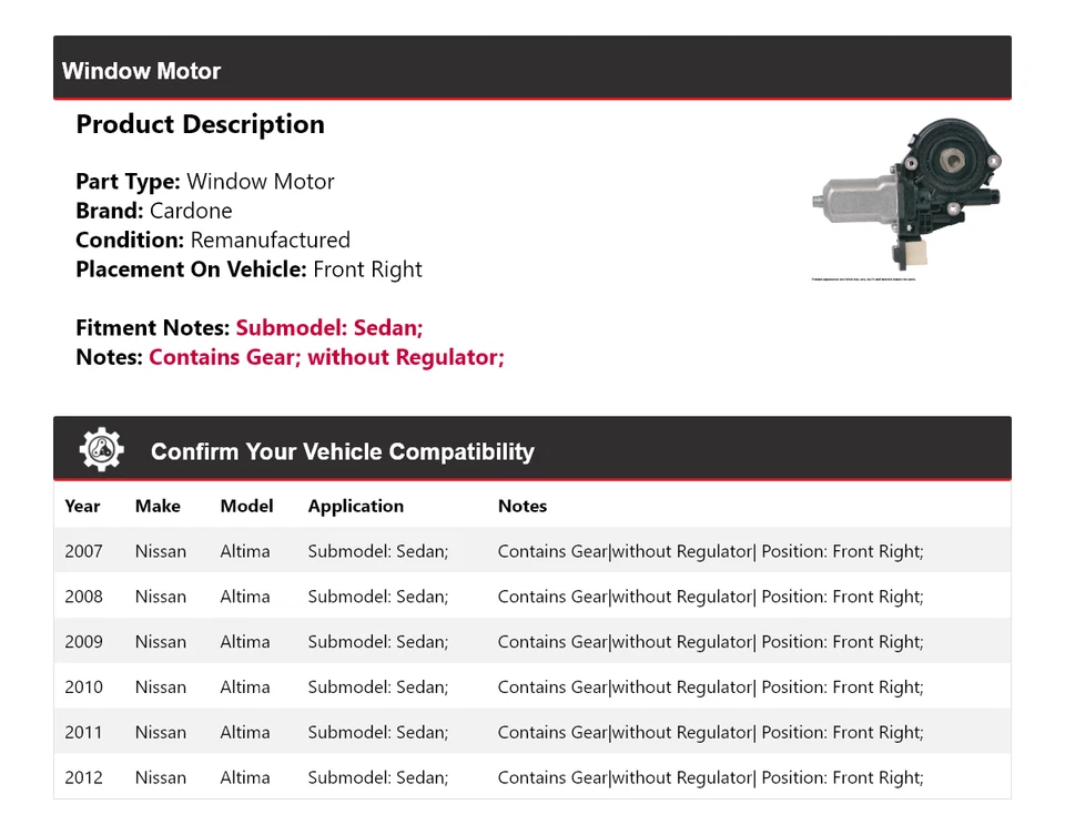 Motor ventana delantero derecho cardone 2008 2009 para Nissan Altima 2007-2012 sedán Foto 2 de 4