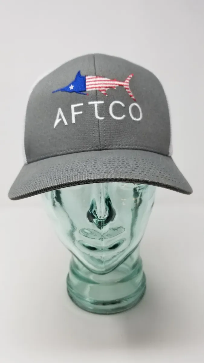 Aftco Fishing Tackle Trucker Hat Mesh Snap Back GreyWhite Baseball Cap Fish  Flag
