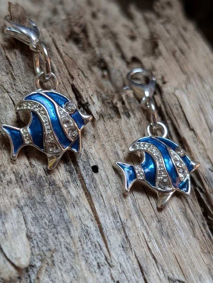 ☀️ Schmuck Charm Fisch SeaLife Silber/ Blau Zirkonia Steinchen Karabiner silber - Bild 2 von 3