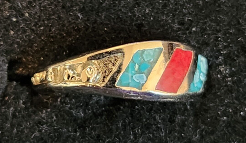 Vintage Turq. & Coral Stripe Nickle Silver Men's Rings Size 8 or 10 Resin Filled - Picture 2 of 3
