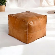 Leather Pouffe Moroccan Unstuffed Boho New Ottoman Genuine Square 20''Footstool