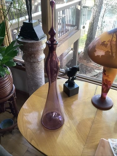 HTF Blenko Handmade Glass 28” purple Decanter W Rare Unusual Lg Stopper
