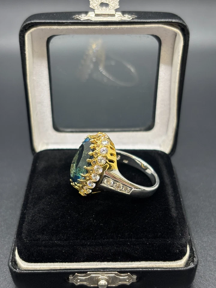 Anillo Londres Topacio Azul 11.08ct con 46 Circonitas Blancas Plata 925 Oro 24K - Certificado Foto 4 de 4