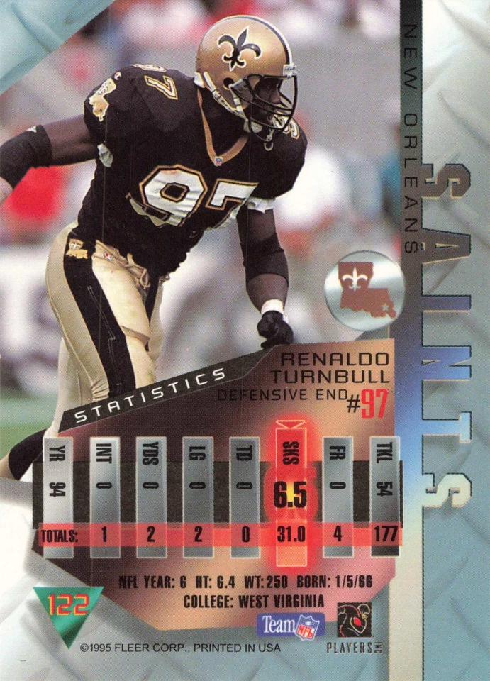 Renaldo Turnbull 1995 Fleer Metal #122 New Orleans Saints Football - Image 2 of 2