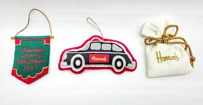 VINTAGE Harrods London Christmas Ornaments SET Lot 1997 Felt Banner Taxi Black 
