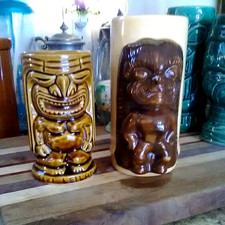 2-tiki mugs-tiki laiani-al harrington waikiki-brown tiki mugs/glasses