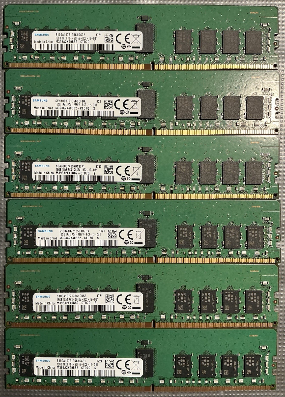 LOT OF 6: 16GB 2666V ECC DDR4 DIMM, Samsung M393A2K40BB2-CTD7Q, TOTAL 96GB RAM