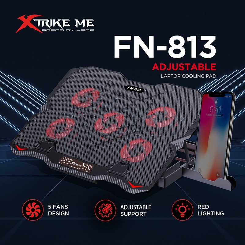 XTRIKE ME Adjustable Gaming Laptop Cooling Pad 5 Red LED Fans w/ Phone Holder