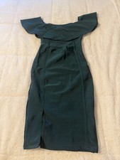 Emerald Off-Shoulder Ruffle Bodycon Midi Dress – Size L Stretchy
