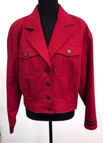 LIZ CLAIBORNE LIZ WEAR WOMENS MEDIUM RED WOOL MILITARY STYLE COAT / JACKET