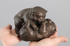 Antique Signed Meiji Period Japanese Bronze Okimono Sculpture Akita Puppy Dog NR