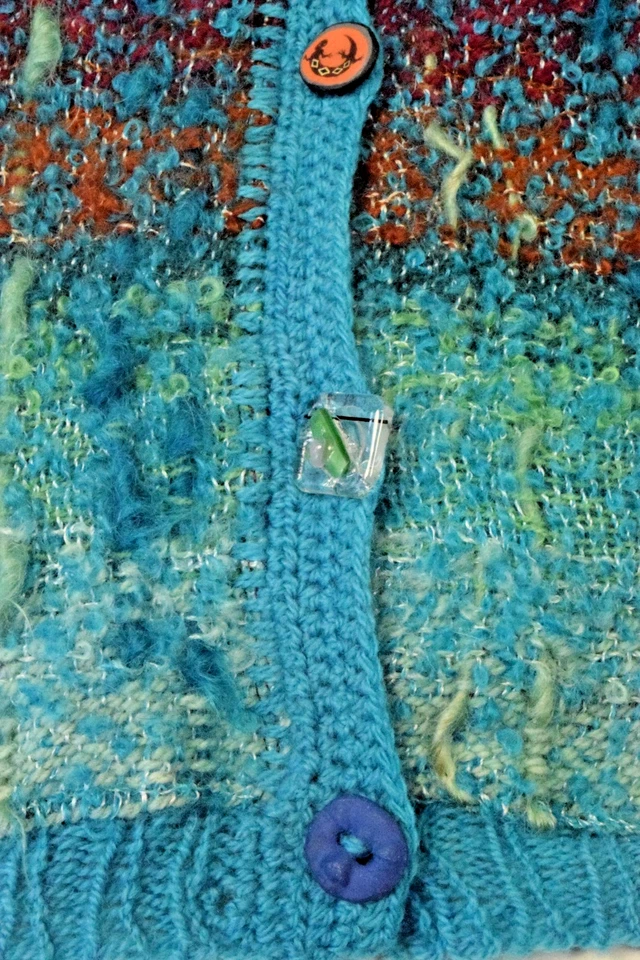 Chaleco bata de lana vintage Maggie Doyle tejido a mano fibra arte años 90 turquesa nubby Foto 4 de 4