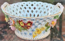 Vintage DRESDEN Porcelain Hand-Painted Basket Weave Handled Bowl - 6"