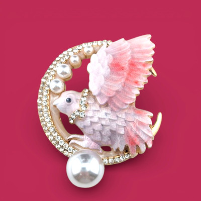 BITEY PINK COCKATOO BROOCH Galah Parrot Bird Biting Moon Crystal Pin E1
