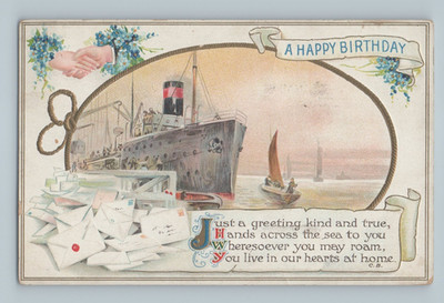 Happy Birthday Hands Across the Sea Ocean Liner Pile of Letters 1914 Postcard H7